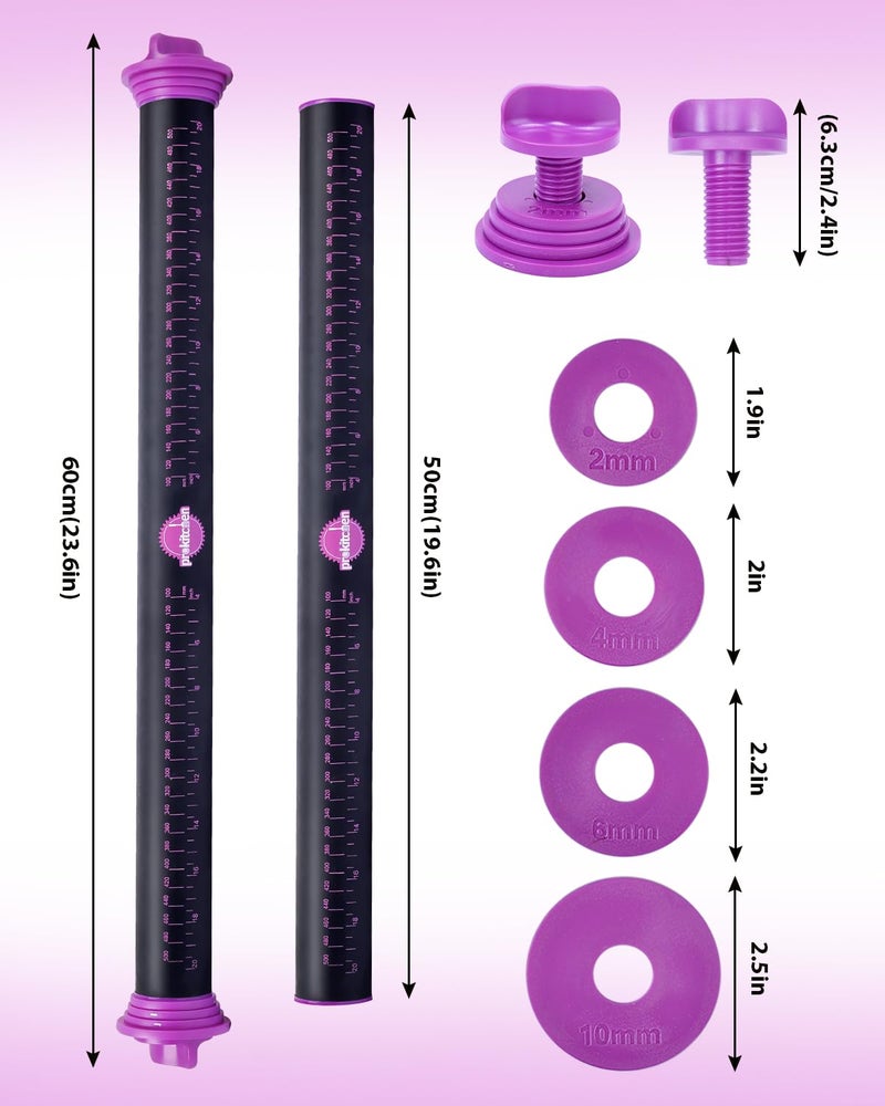 PROKITCHEN Silicone Rolling Pin with Thickness Rings, Adjustable Designs for Fondant, Cookie Decorating, Pasta, Pizza, 23.6 inch Purple Large Long Pin - Image 4